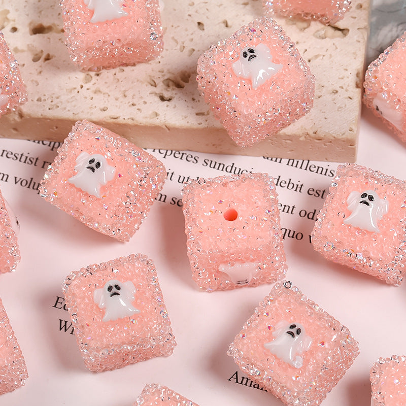 Wholesale 5pcs/pack Rhinestone Halloween Pumpkin Skull Square Sugar Beads