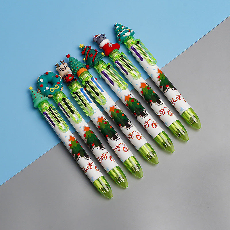 Wholesale Christmas Tree Cartoon 6-color Pushing Plastic Ballpoint Pen