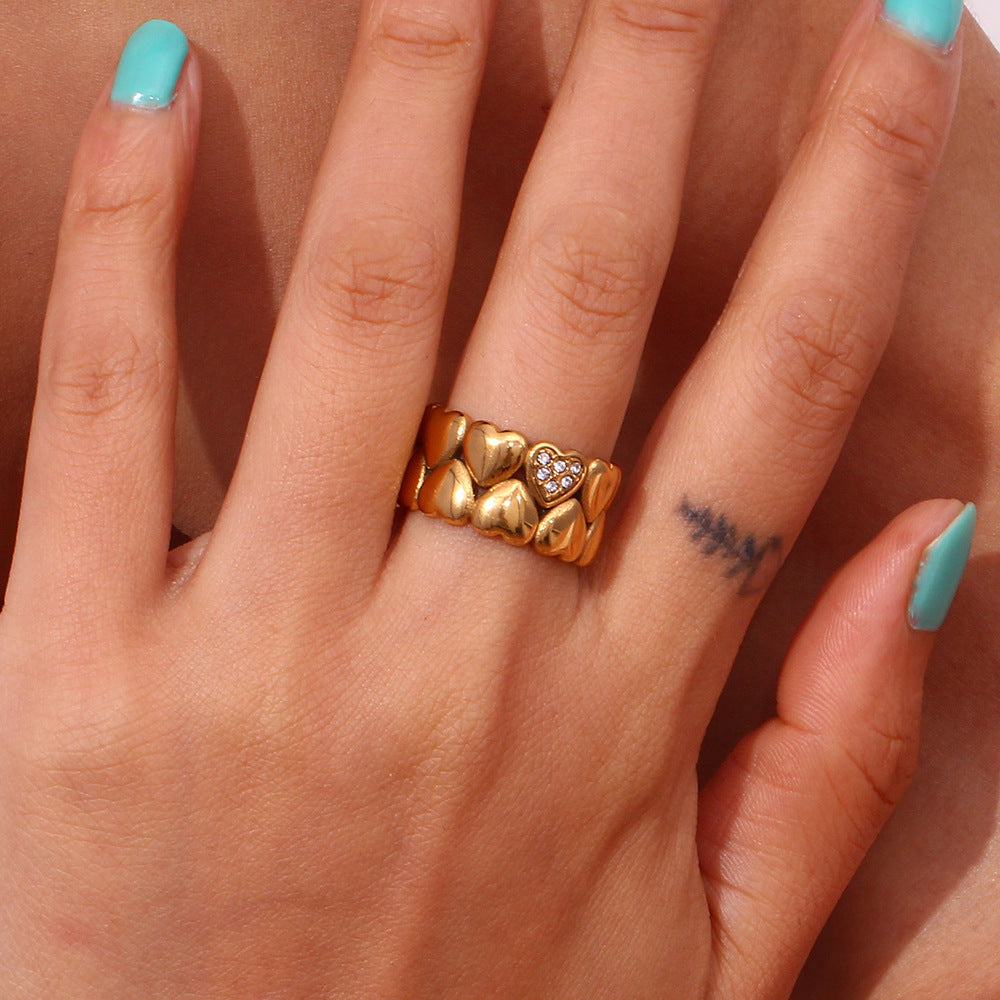 Wholesale Wide Double Layer Peach Heart Stainless Steel 18K Gold Plated Ring
