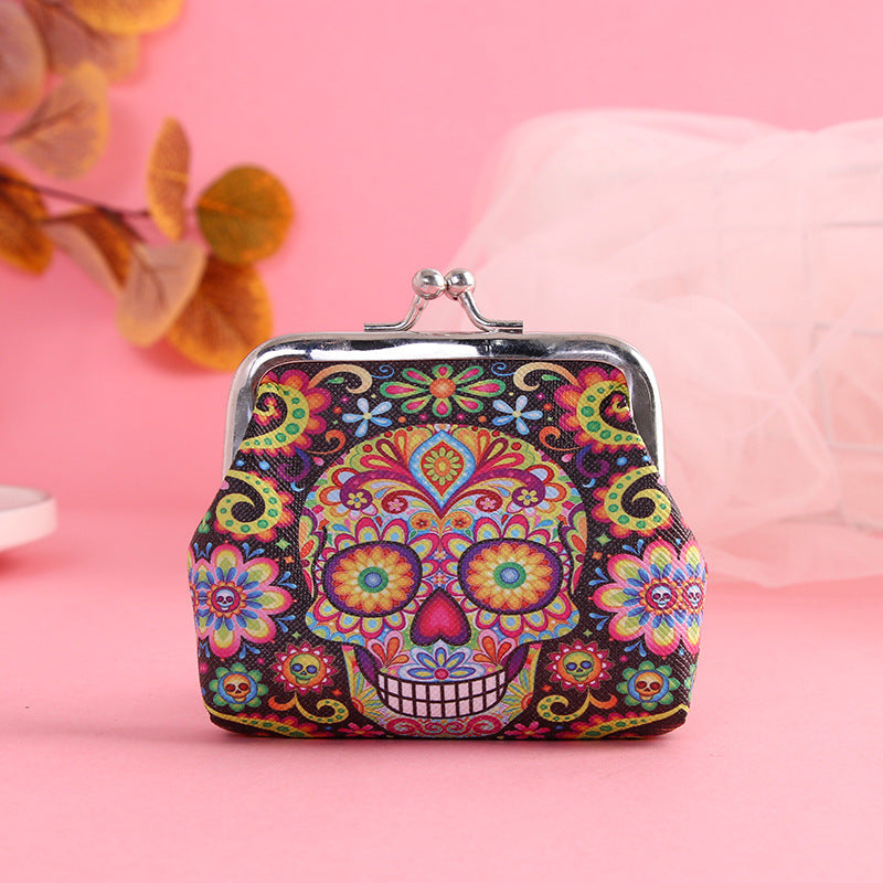 Wholesale Leather skull print iron buckle coin purse