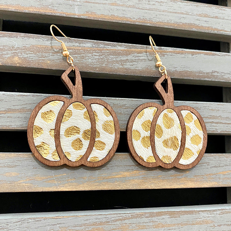 Wholesale Halloween Pumpkin Leopard Pattern Hollowed Out Leather Earrings