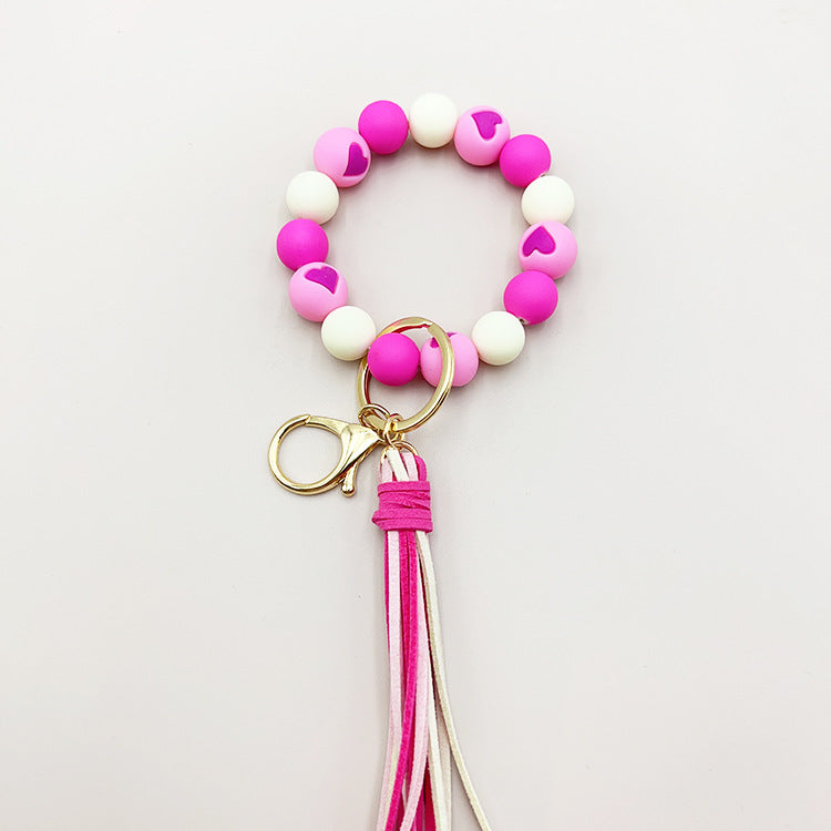 Wholesale Colorful Heart Silicone Beaded Velvet Tassel Wrist Keychain