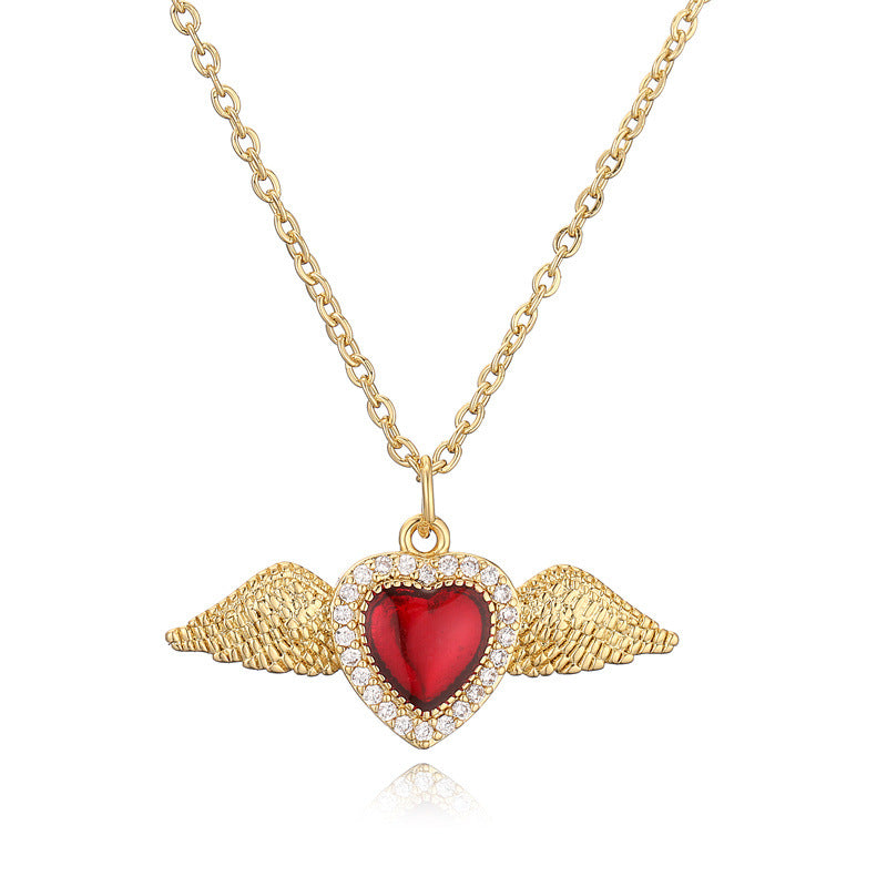 Wholesale Copper Gold Plated Zirconium Oil Drop Love Wings Pendant Necklace