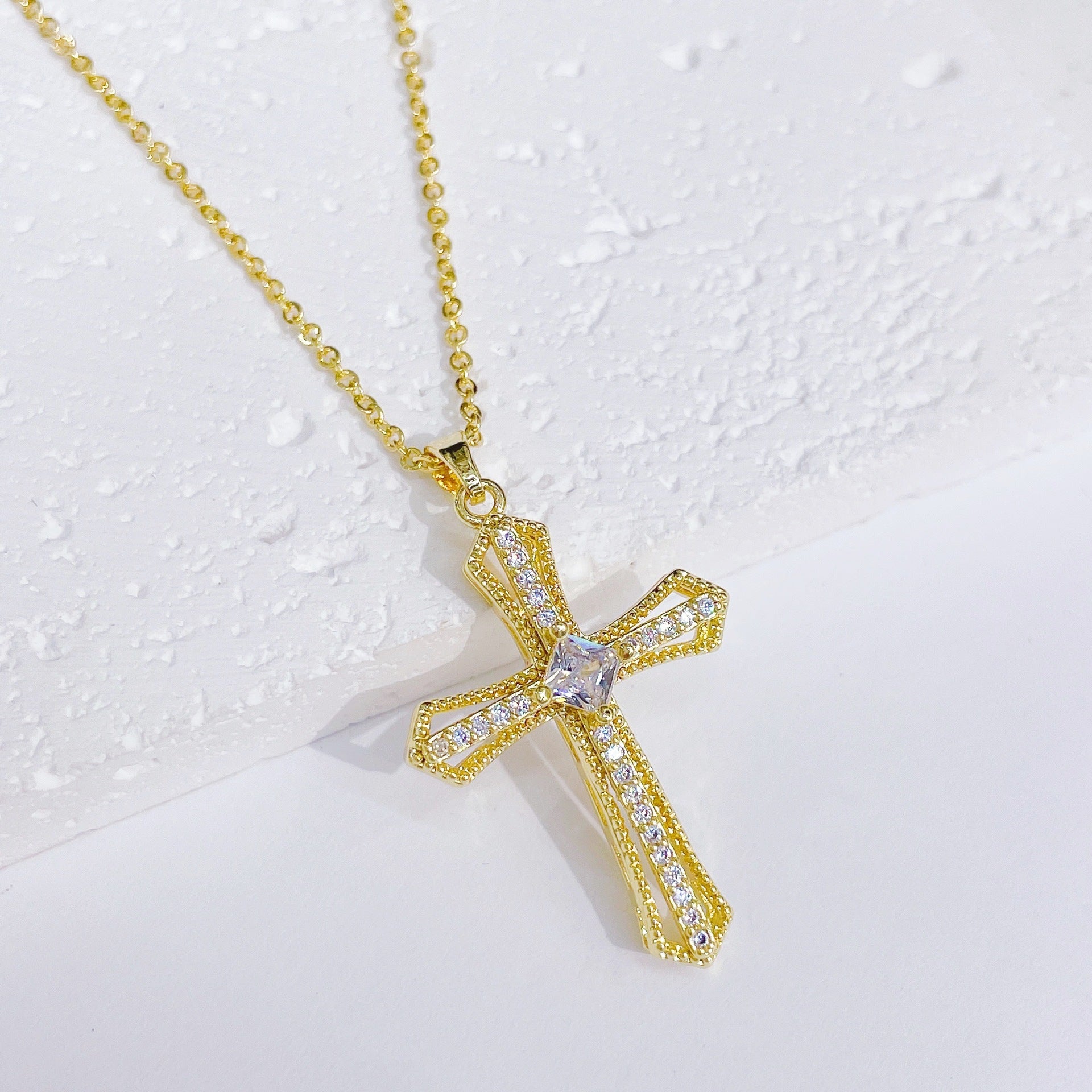 Wholesale Brass Gold Plated Cross Pendant Zircon Cast Titanium Steel Chain Necklaces