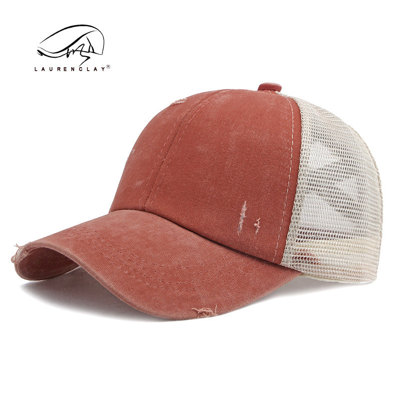 Wholesale Breathable Mesh Washed Distressed Crossover Ponytail Baseball Cap