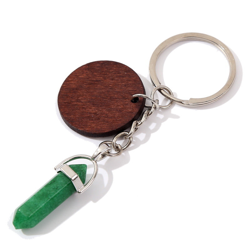 Wholesale Stone Crystal Hexagonal Pillar Round Wood Chip Keychain
