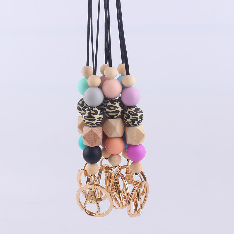 Wholesale Leopard Print Silicone Beaded Lanyard ID Keychain