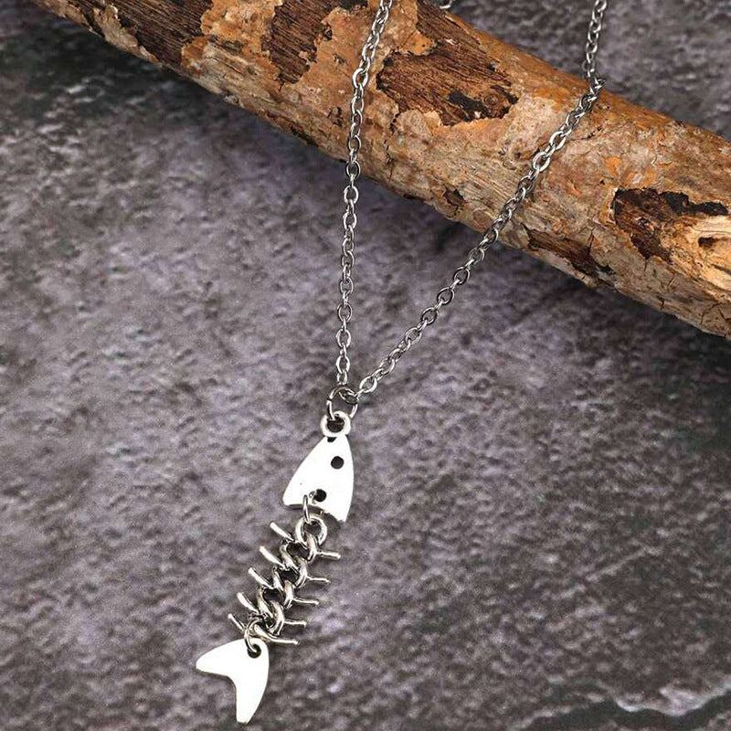 Wholesale Fashionable and Cool Fishbone Necklace Set Simple Personality Versatile Ancient Silver Earrings