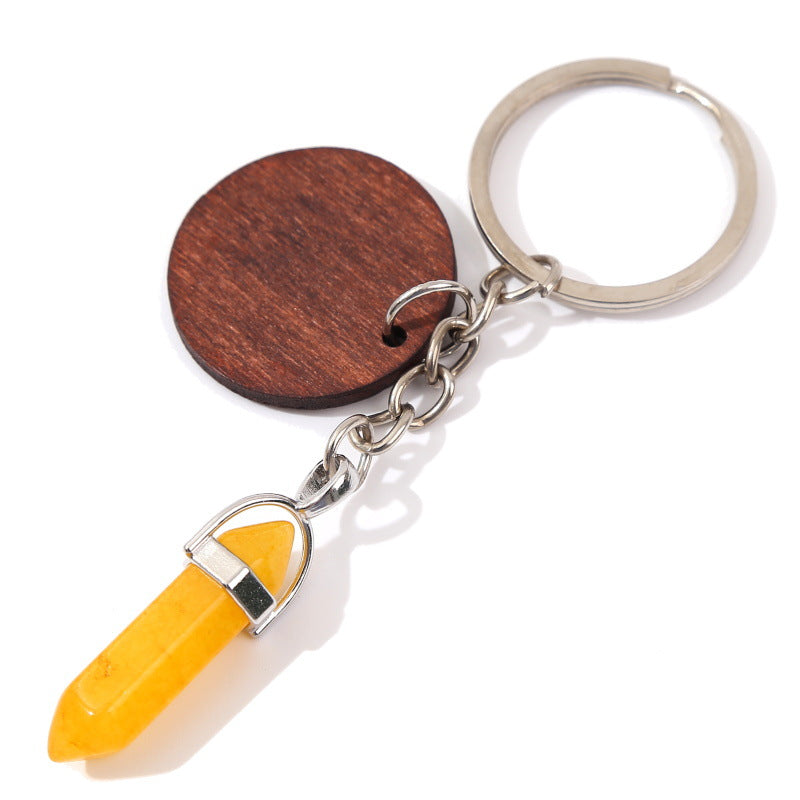 Wholesale Stone Crystal Hexagonal Pillar Round Wood Chip Keychain