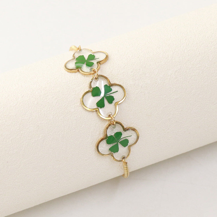 Wholesale 6pcs Four Leaf Clover Gold Plated Stainless Steel Bracelet