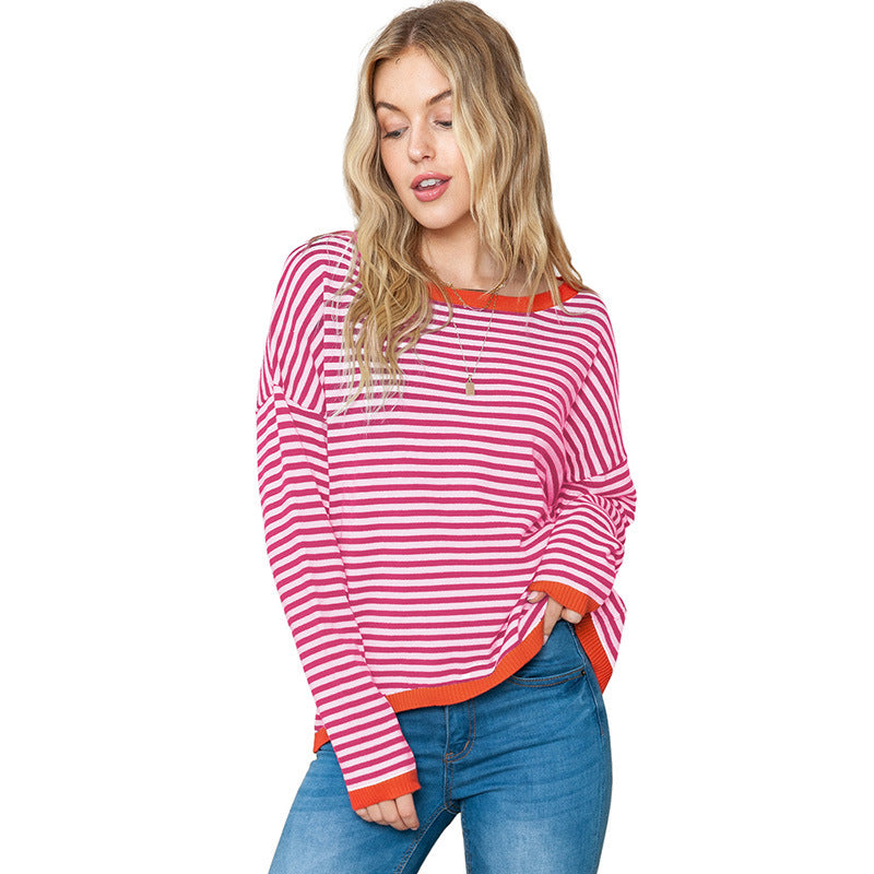 Wholesale Cotton Contrasting Edge Striped Knitted Pullover Top for Women