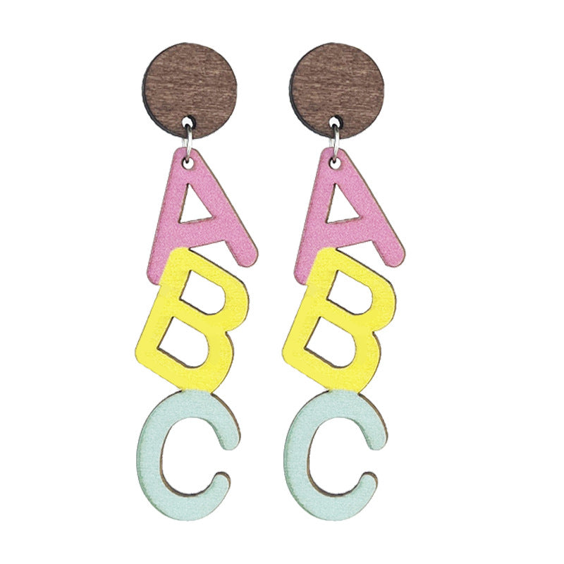 Wholesale Teacher earrings alphabet and number teaching wooden earrings