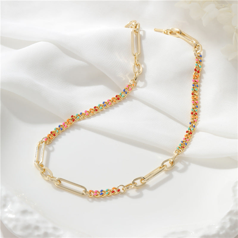 Wholesale Rainbow Cuban Chain Stitching Gold Plated Necklace Clavicle Chain