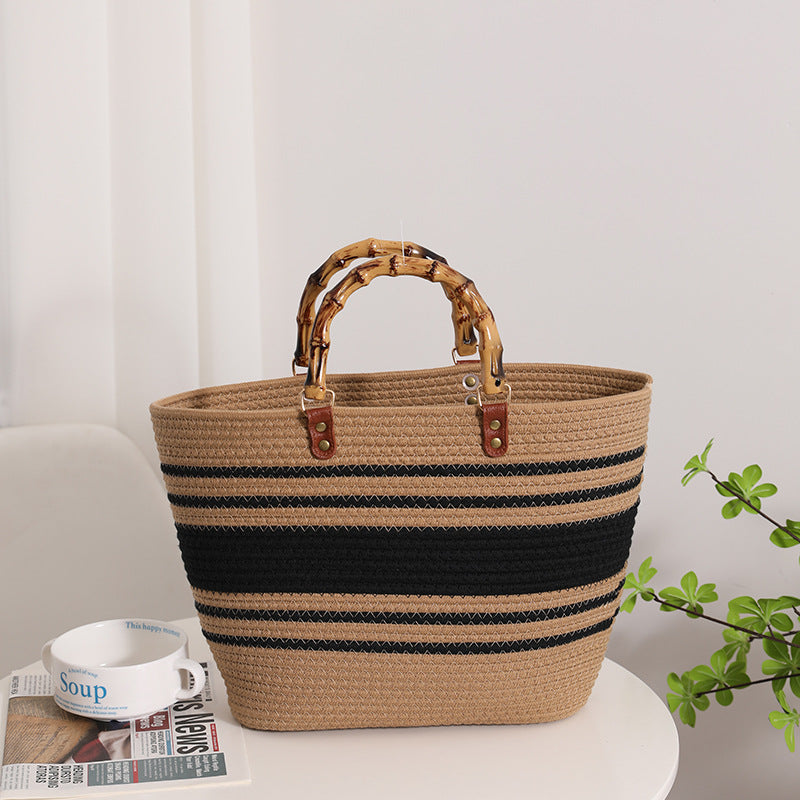 Wholesale Bamboo-like French Retro Straw Bag Portable Striped Large-capacity Cotton Woven Bag