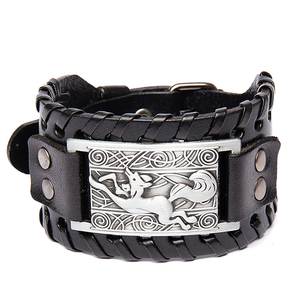 Wholesale Men's Alloy Fox Wide Leather Braided Bracelet
