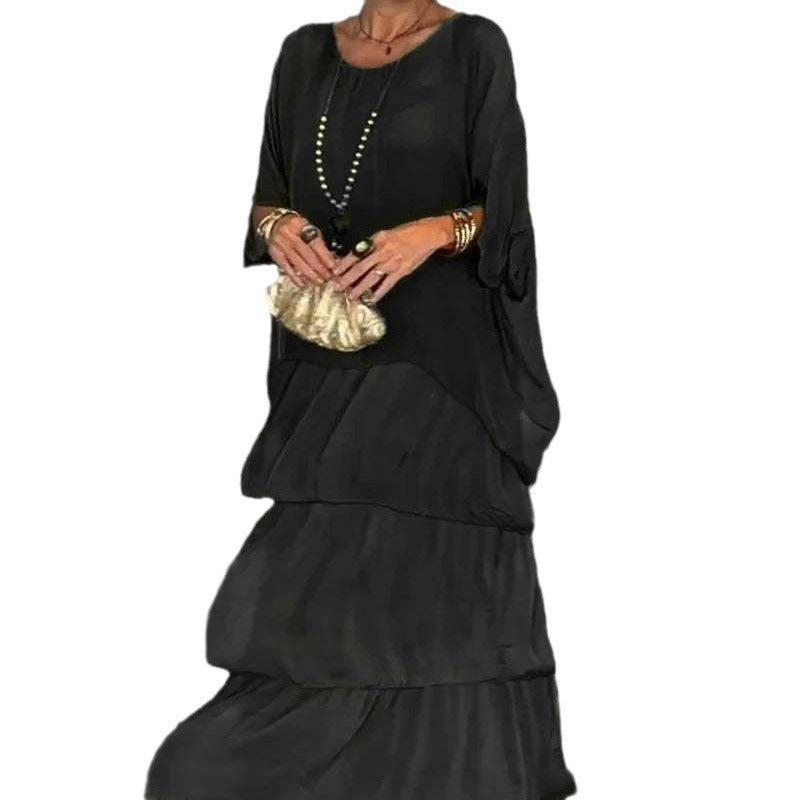 Wholesale fashion new chiffon mesh batwing sleeve round neck long dress