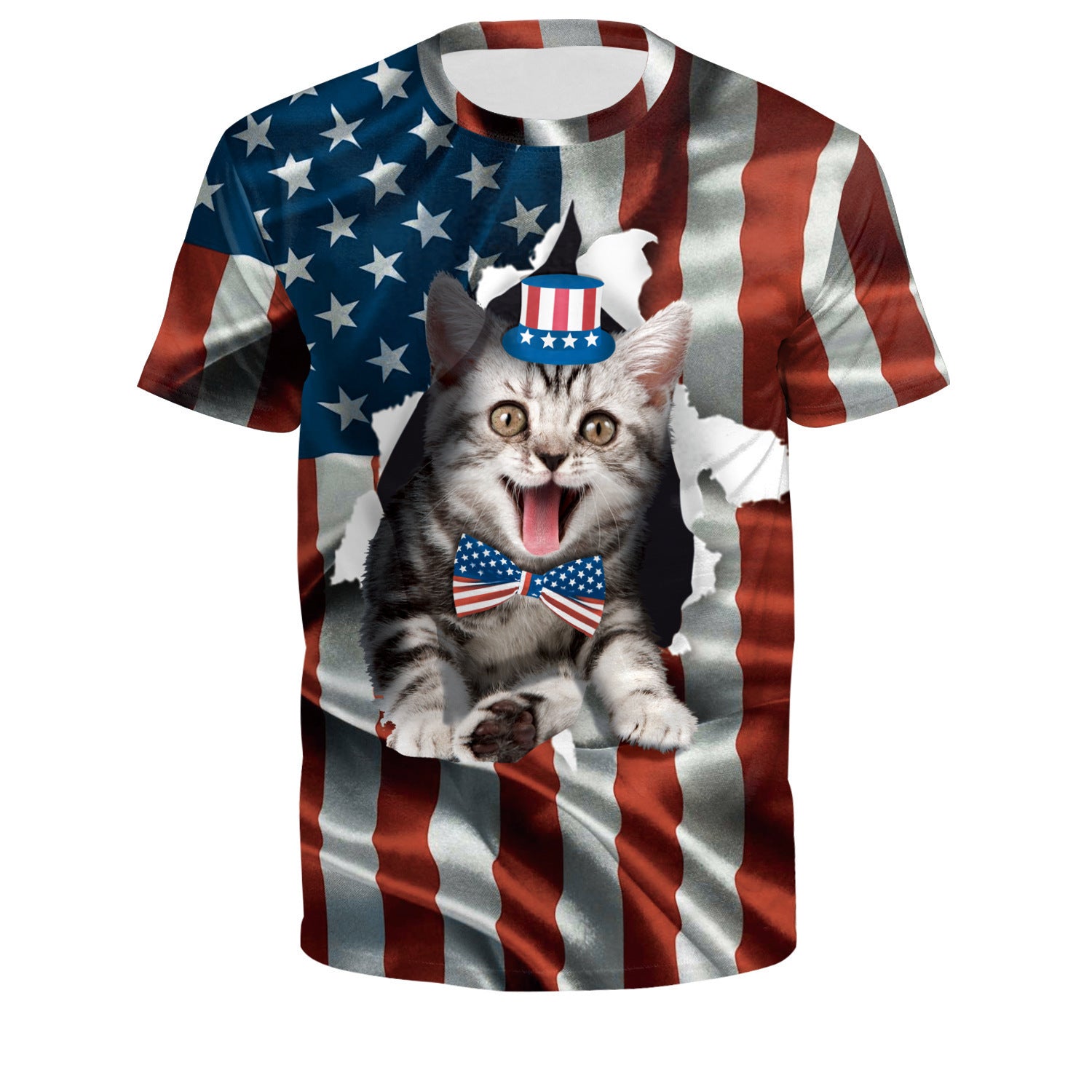 Wholesale American Independence Day Flag 3D Digital Printing Round Neck Casual T-Shirt