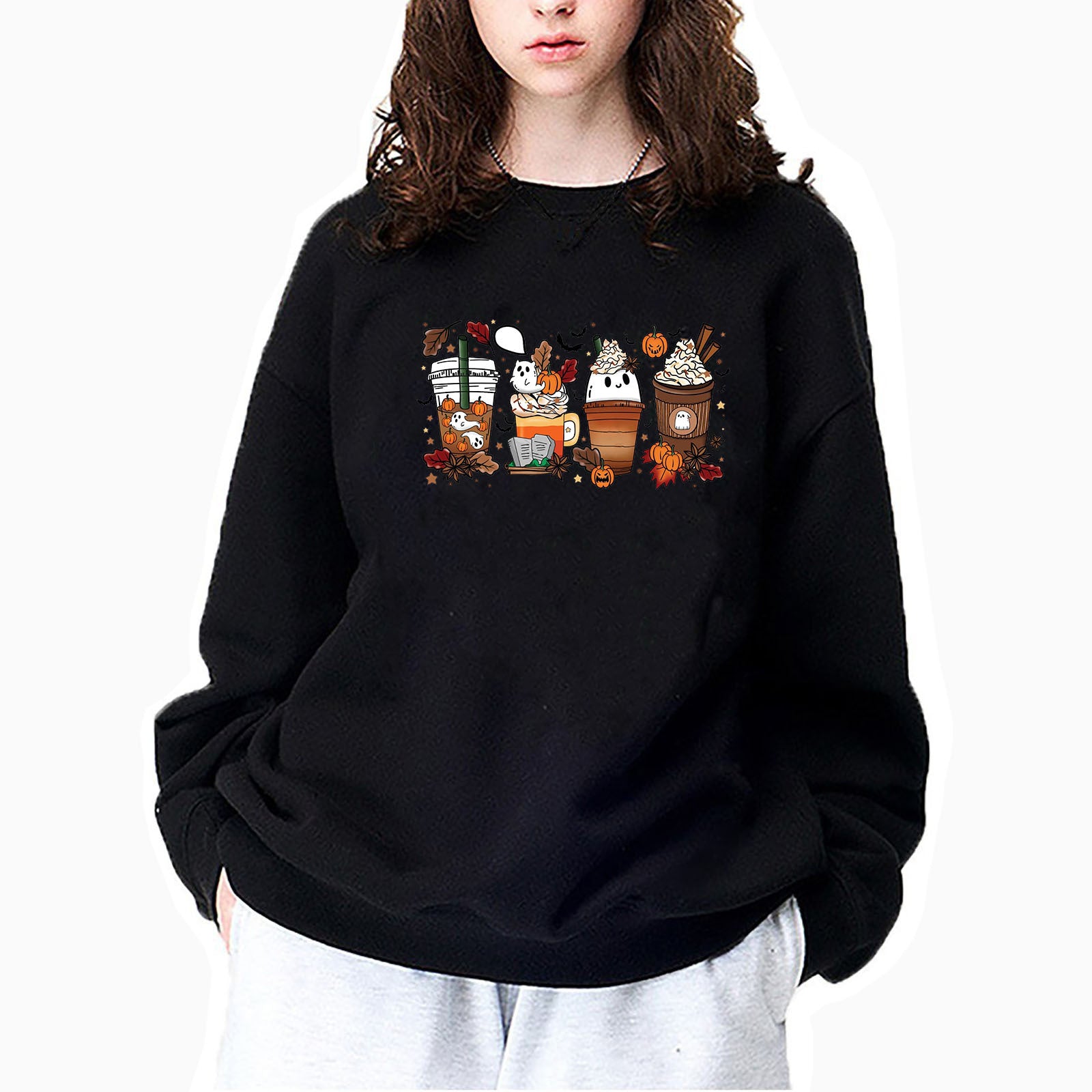 Wholesale Thanksgiving Sweatshirt Pumpkin Coffee Cup 3D Printed Round Neck Sweatshirt