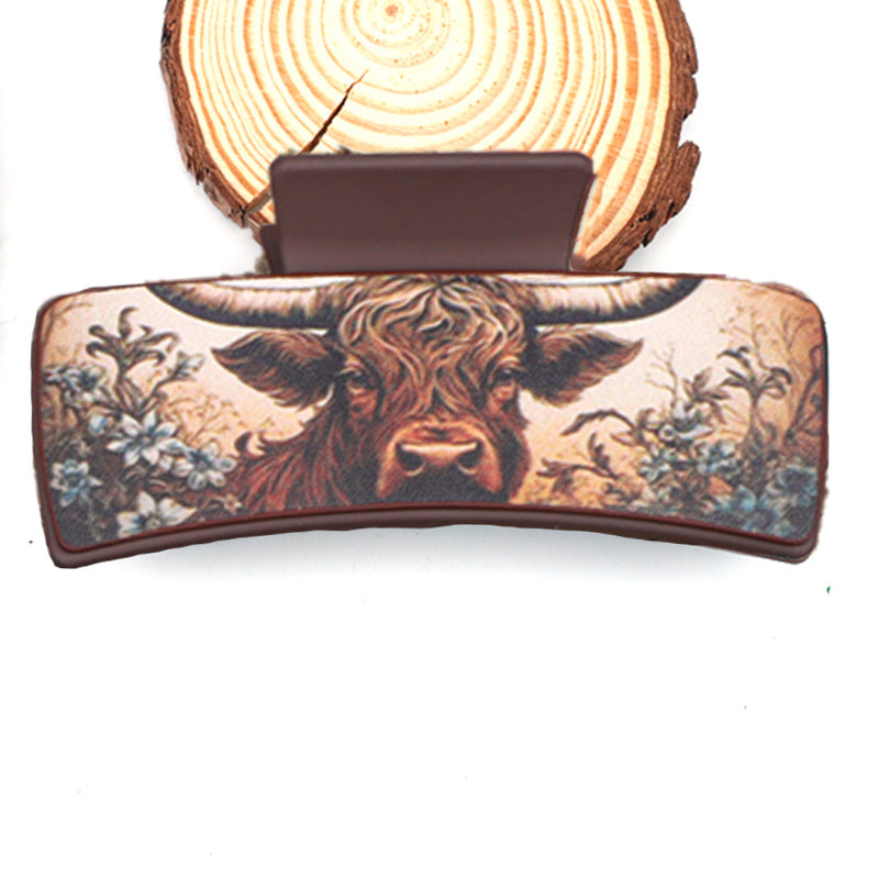 Wholesale Western Cowboy Style Cow Head Flower Pattern PU Leather Hair Clip
