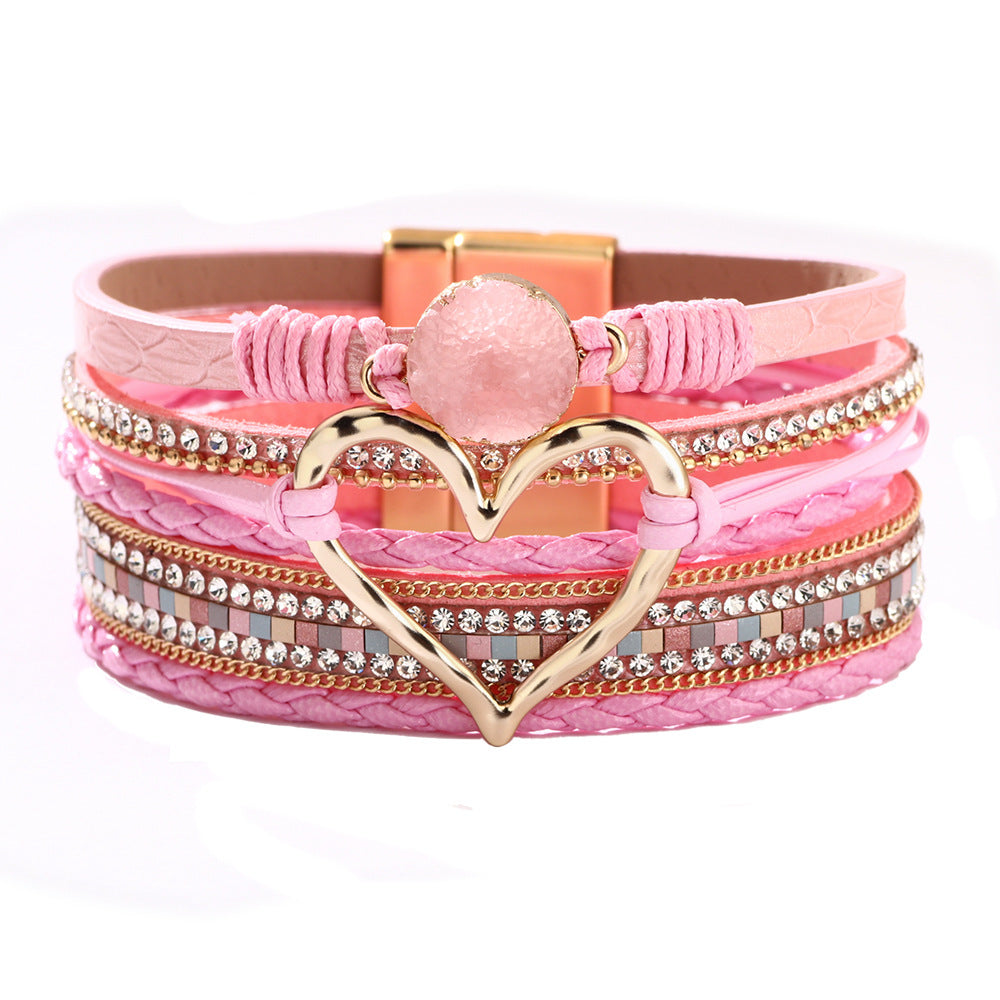 Wholesale Bohemian Heart Rhinestone Magnetic Leather Bracelet