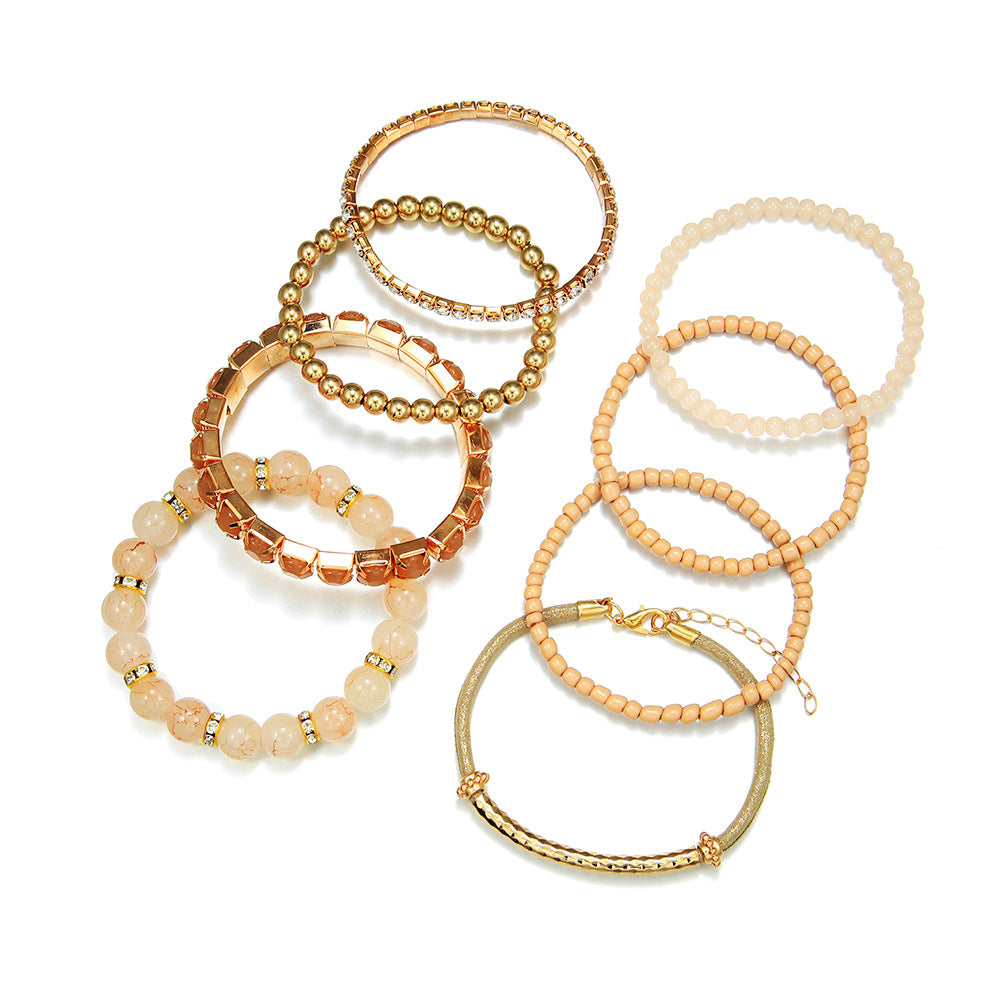 Wholesale Bohemian Turquoise Round Beads Vintage Elastic Rhinestone Rice Beads Bracelet Set