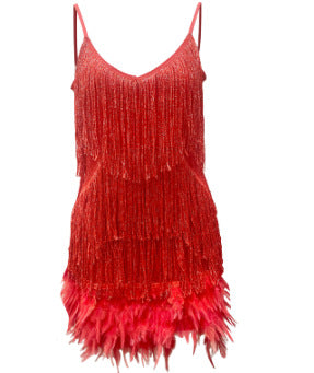 Wholesale Tassel Sequins Multi-color Sexy V-neck Suspenders Feather Stitching Dress