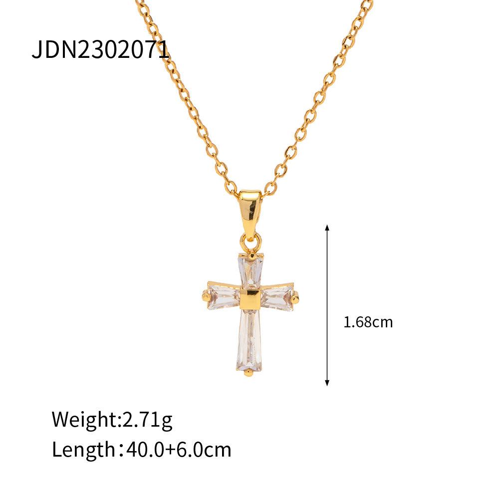 Wholesale 18K Gold Stainless Steel White Zirconia Square Cross Necklace