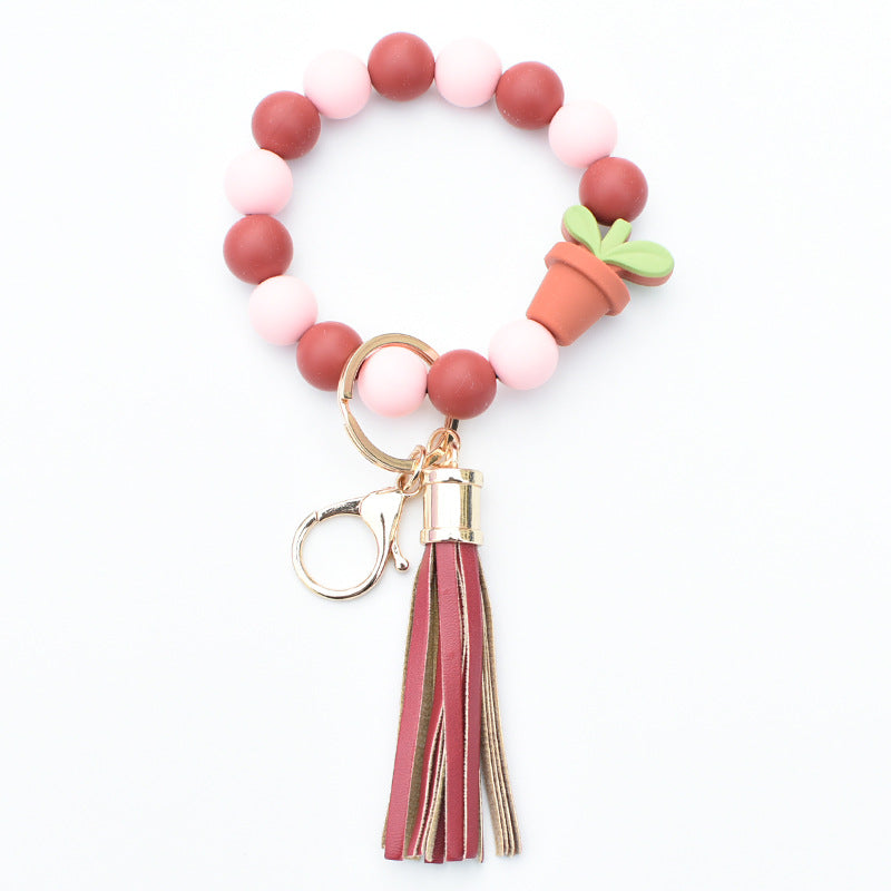 Wholesale Potted Silicone Beaded Leather Tassel Wrist Keychain