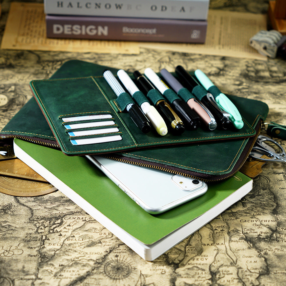 Wholesale Zipper Large Capacity Storage Crazy Horse Leather Pencil Case