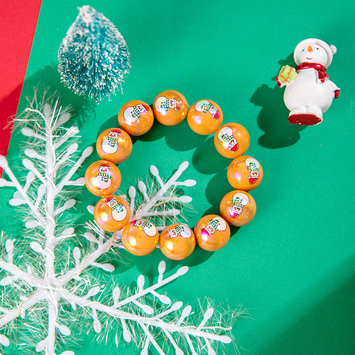 Wholesale Christmas Snowman Bell Print Resin Large Round Bead Elastic Bracelet