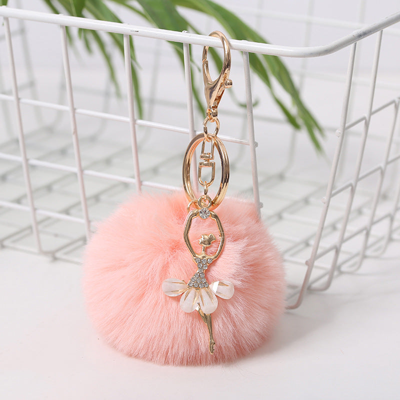 Wholesale 5pcs Cute Rhinestone Angel Ballerina Girl Pom Pom Keychain