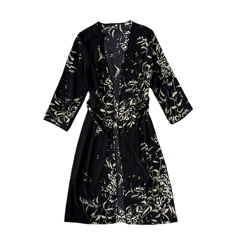 Wholesale Sexy Pajamas Thin Strap Nightgown Cardigan Printed  Long Sleeve Ice Silk