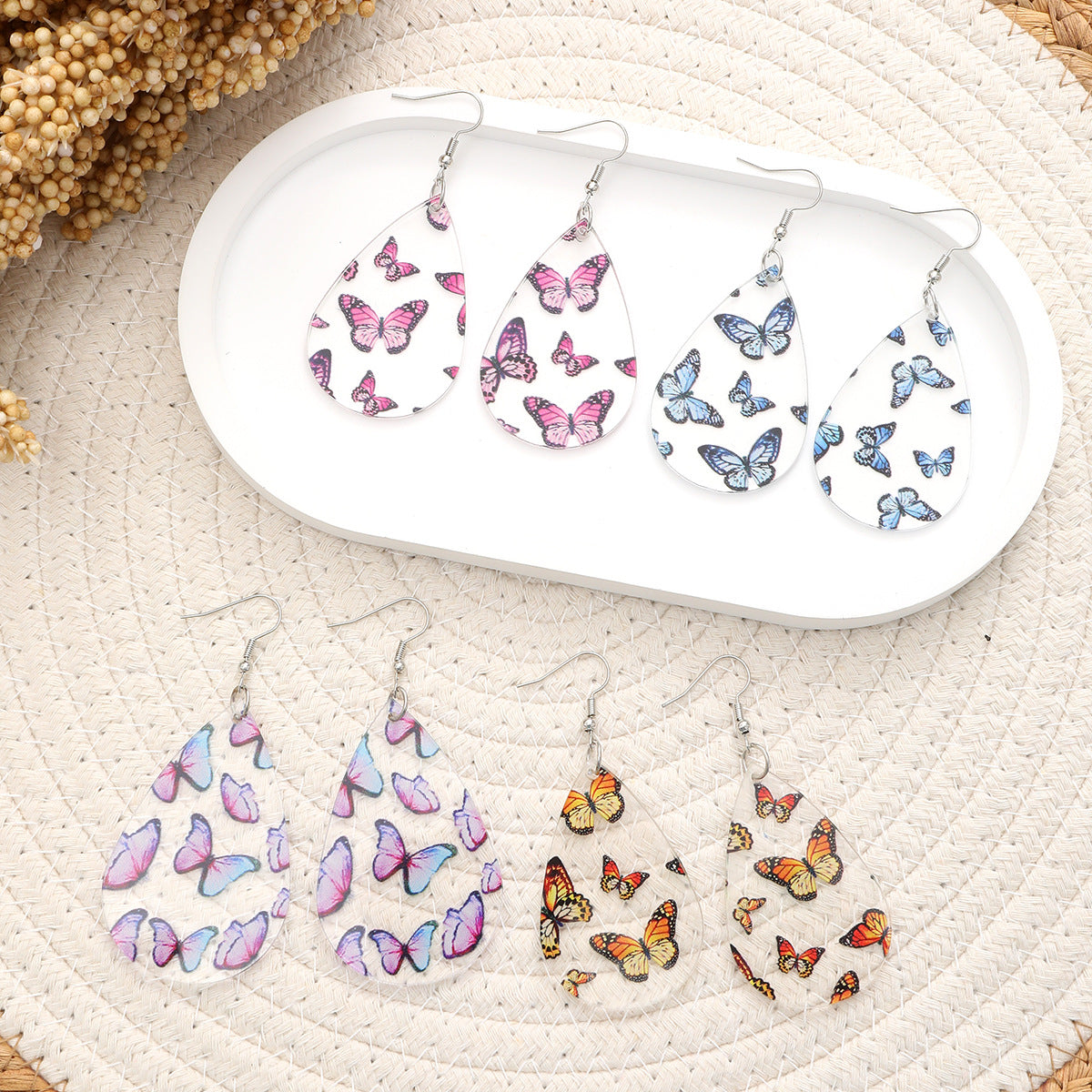 Wholesale Butterfly print acrylic and wood panel earrings
