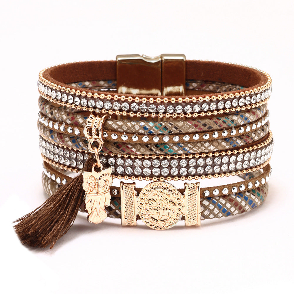Wholesale Diamond-studded Bohemian Tassel Colorful Magnetic PU Leather Bracelet
