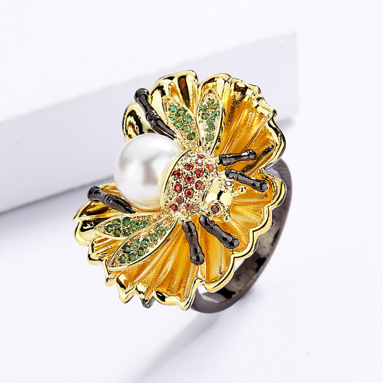 Wholesale Pearl 18K Gold Plated Clover Copper Ring Set