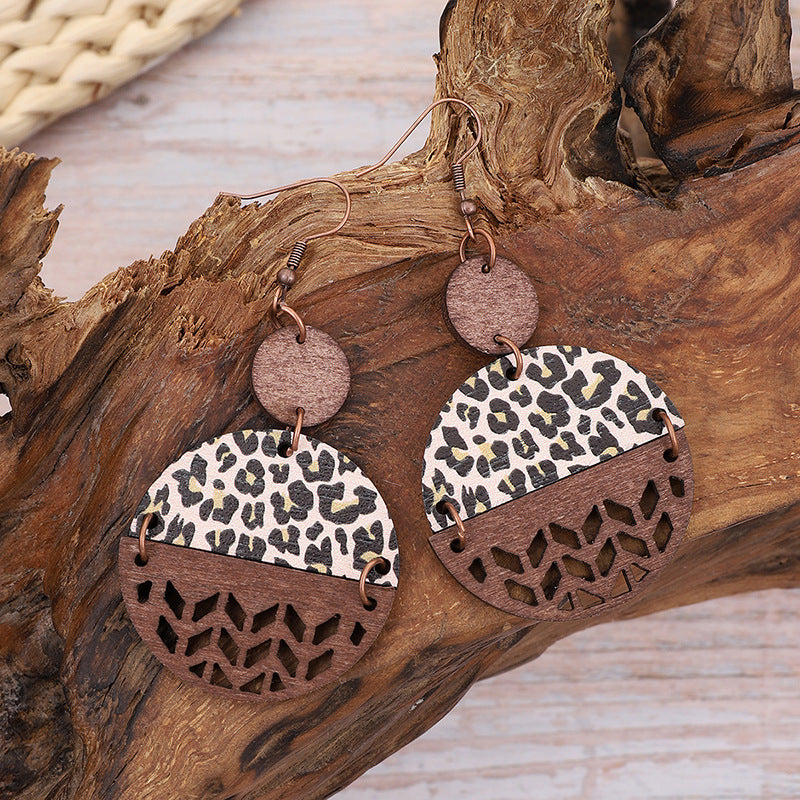 Wholesale Vintage Leopard Print Cross Hollow Wood Chip Round Earrings