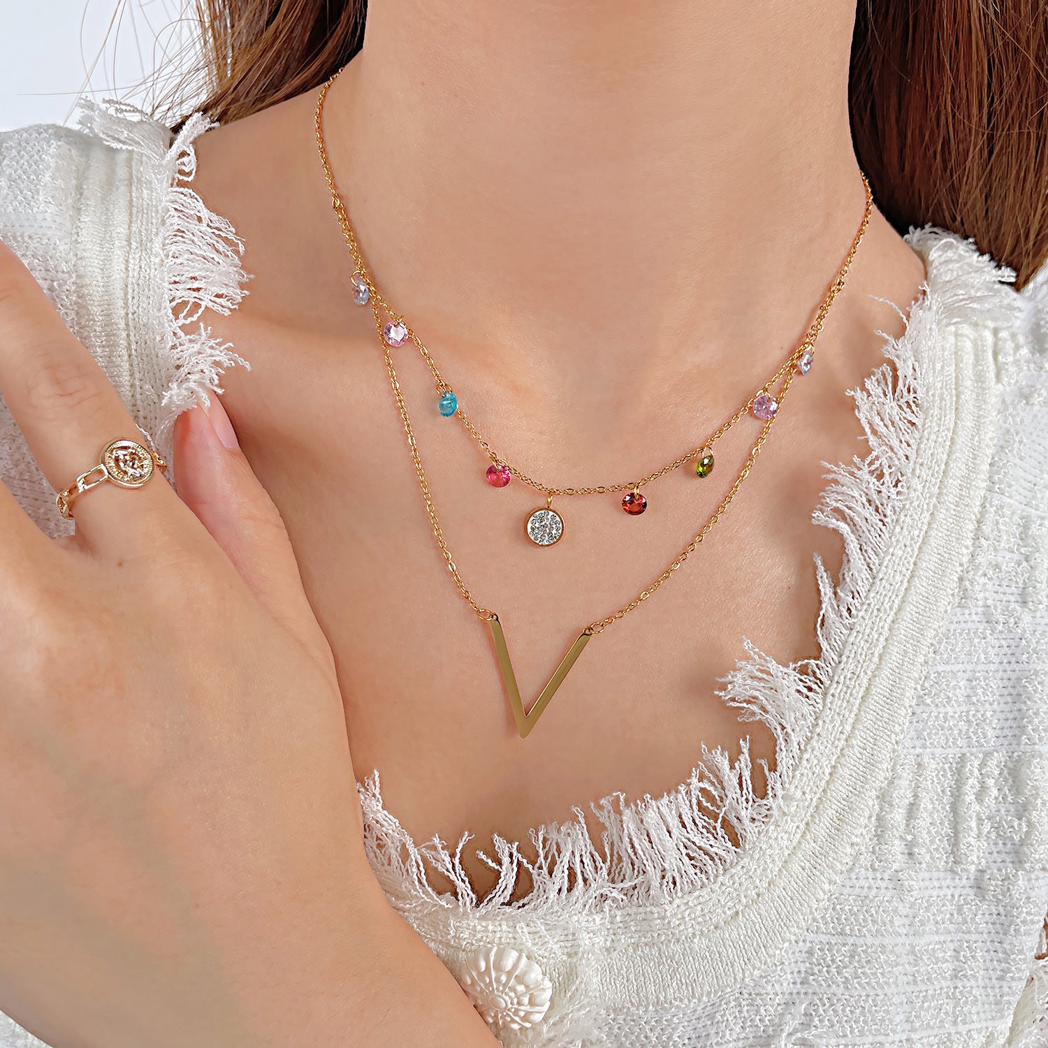 Wholesale Colorful Zircon Double Layer Titanium Steel Necklace