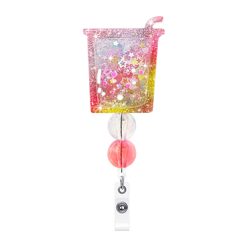 Wholesale Flowing Sand Beaded Dinosaur Smiling Face Milk Tea Cup Emblem Scroll Retractable Plastic Keychain