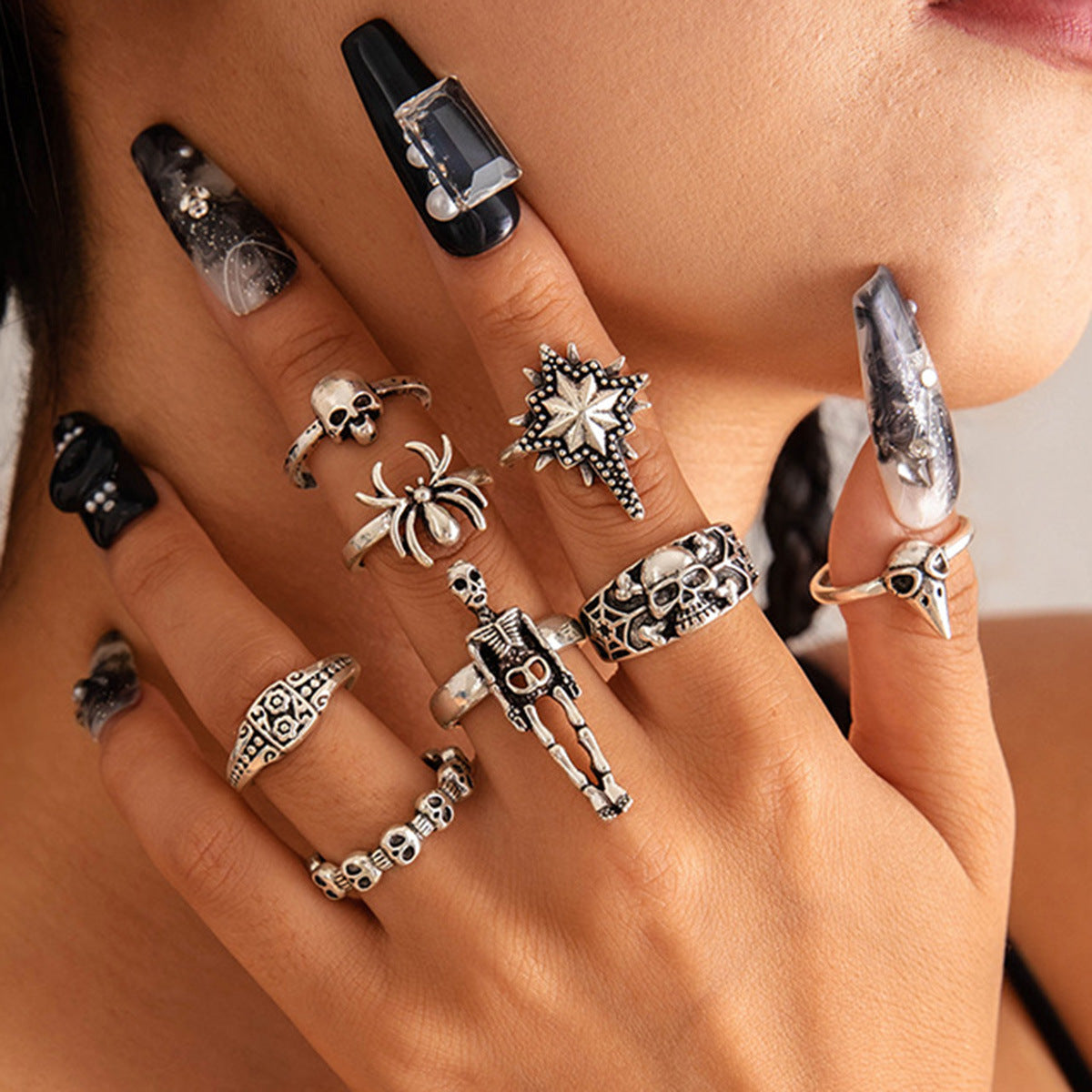 Wholesale  dark punk style skull ring set