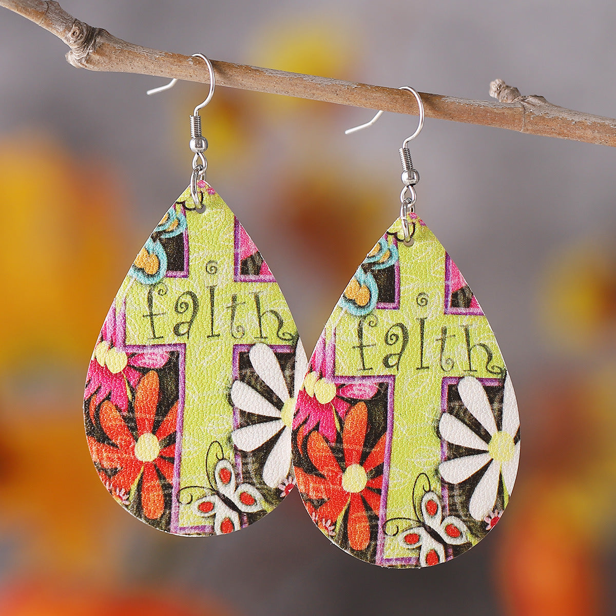 Wholesale Retro cow pattern cross water drop PU double-sided earrings