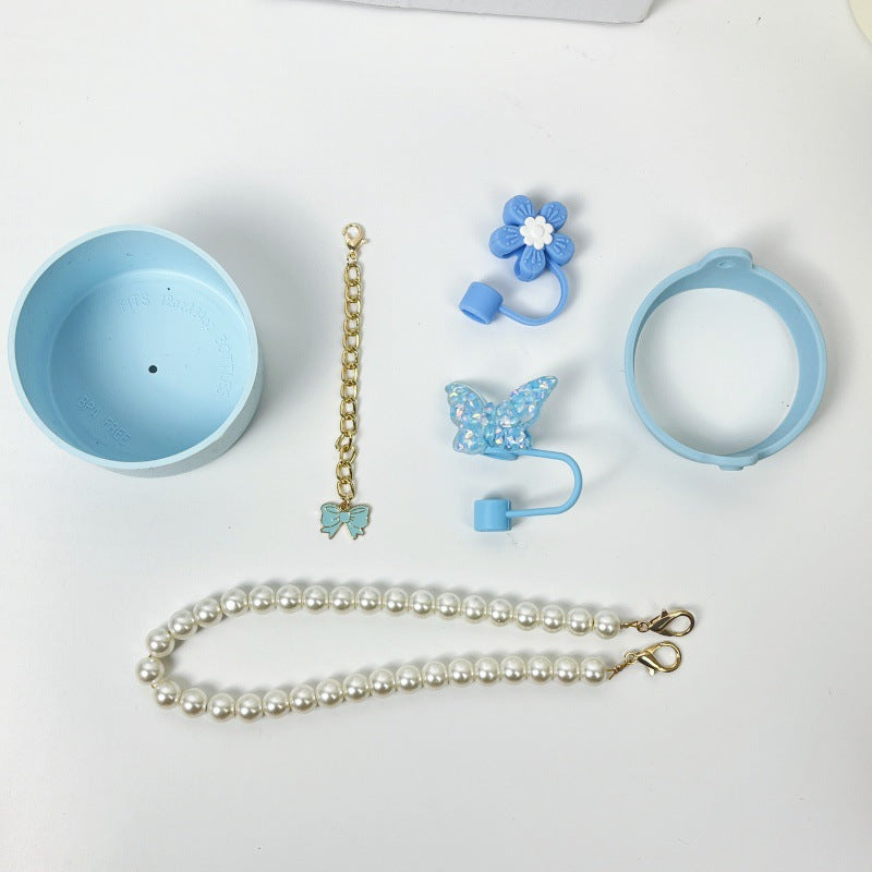 Wholesale 6pcs/pack silicone cup cover,  protective cover,  straw cap,  decorative lanyard,  pearl hand rope