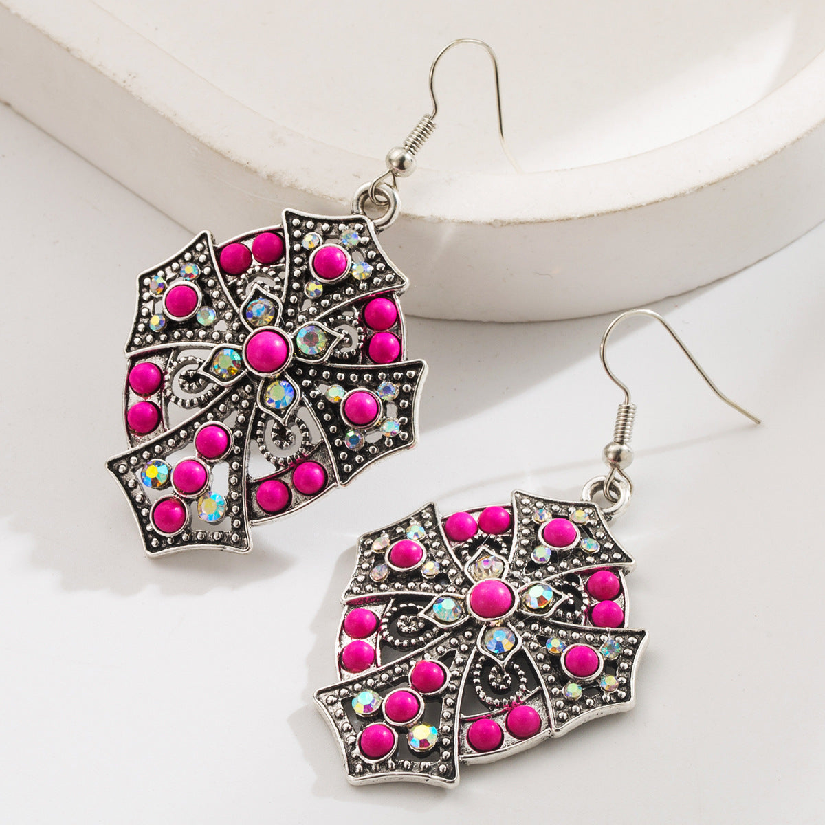 Wholesale Turquoise Vintage Exaggerated Diamond Cross Earrings