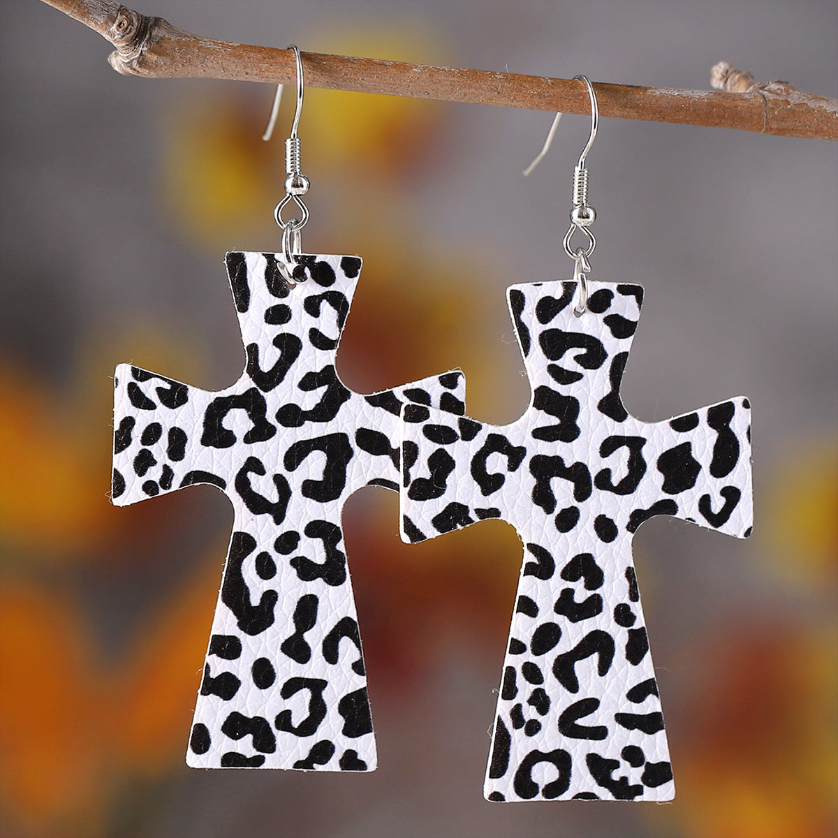 Wholesale Retro cow pattern cross water drop PU double-sided earrings