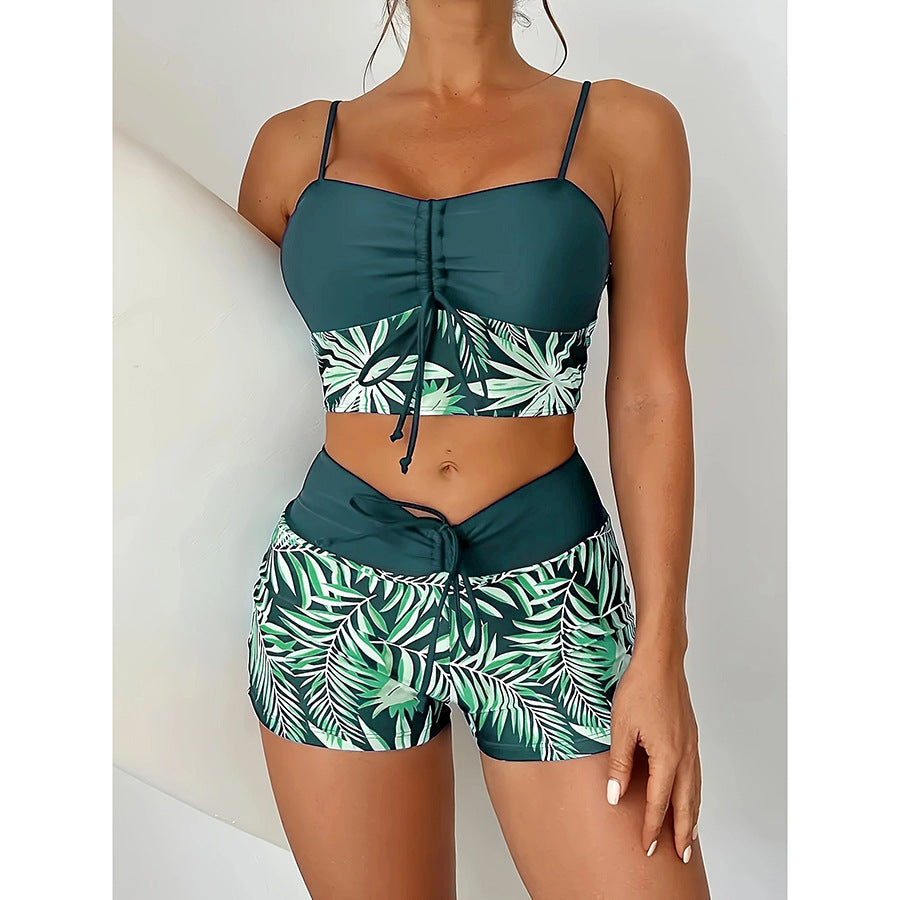 Wholesale High-waisted boxer tie-strap print solid color patchwork print swimsuit