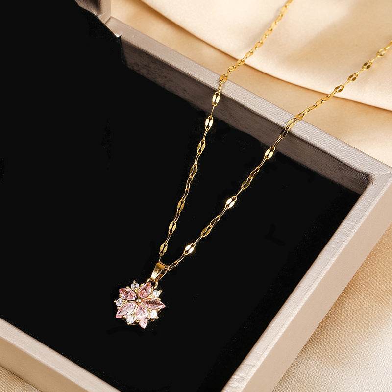 Wholesale Zircon Crystal Cherry Blossom Titanium Steel Necklaces