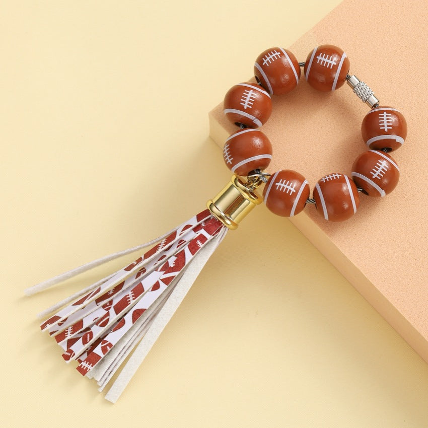 Wholesale Football Wooden Bead Bracelet Wrist Tassel Keychain