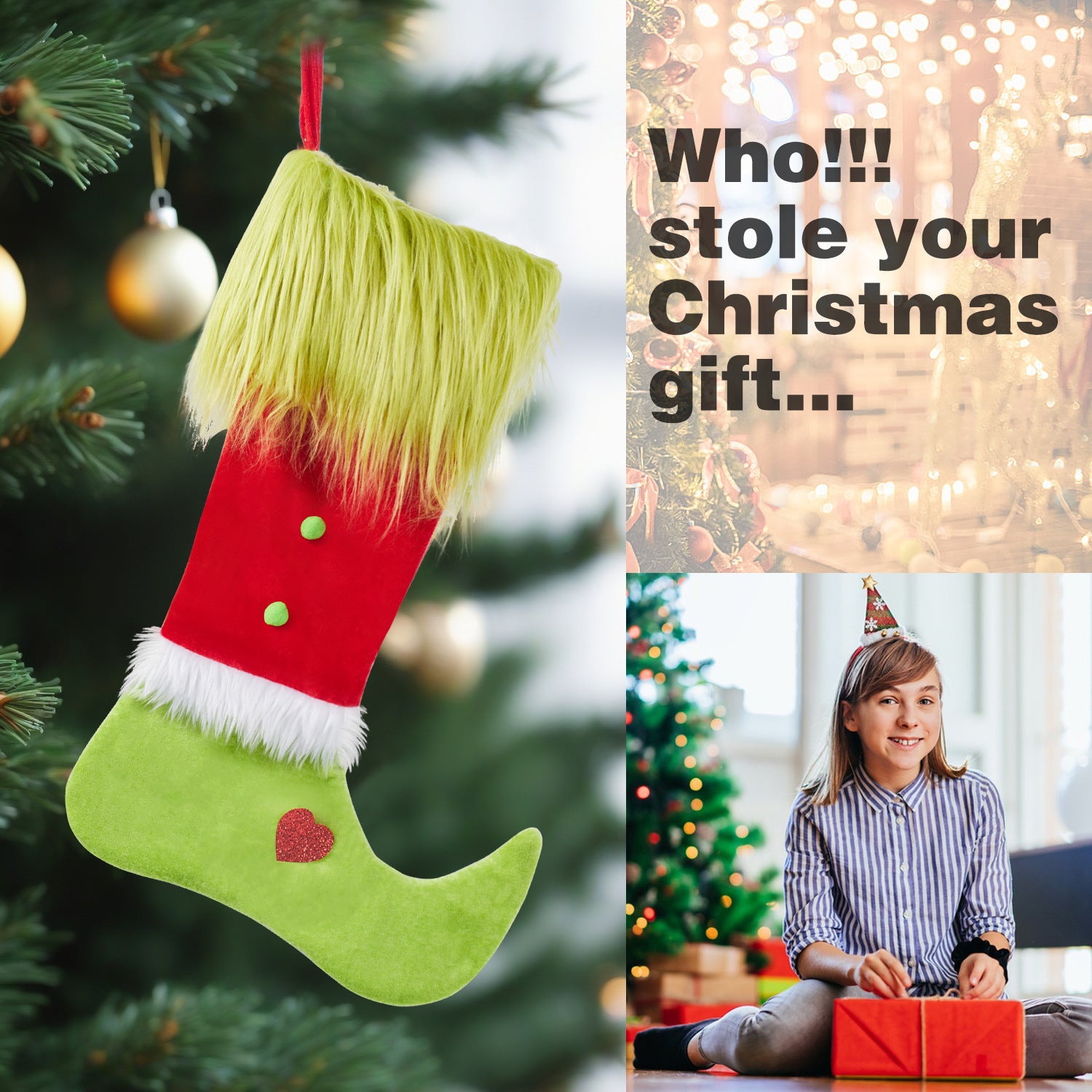 Wholesale Christmas Stockings Long Green Hair Elements Christmas Stockings Candy Bags