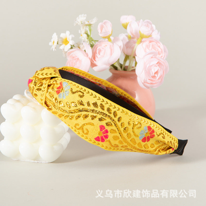 Wholesale Gold Thread Embroidered Retro Knot with Teeth Anti Slip Headband