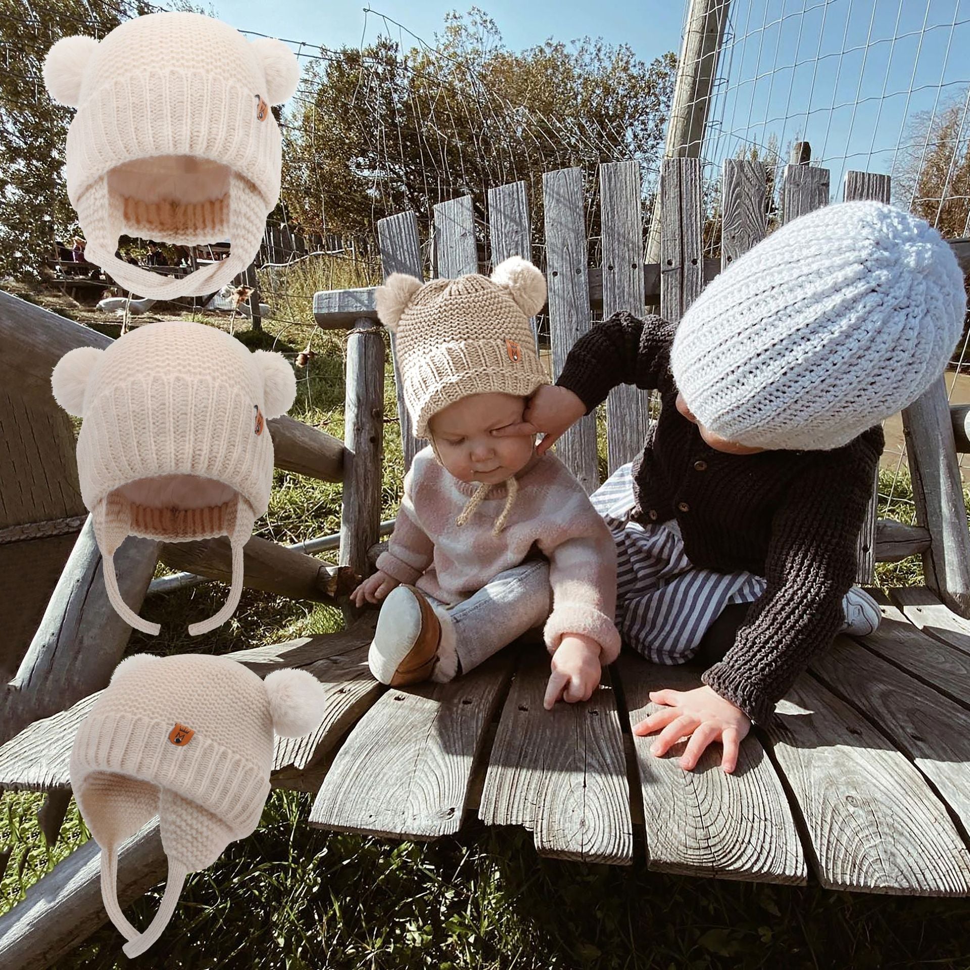 Wholesale Cute Double Ball Earmuffs Knitted Cotton Lining Windproof Rope Pullover Hat