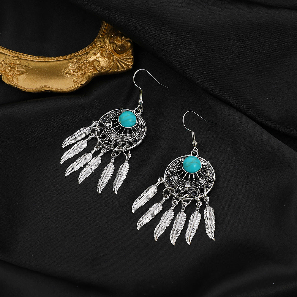Wholesale Leaf Metal Dream Catcher Feather Tassel Alloy Earrings